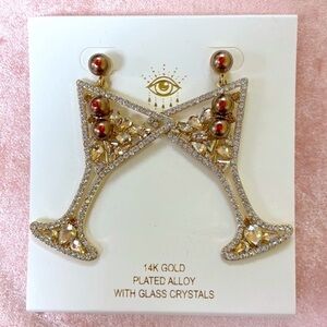 Brand New Martini Glass Olives 14K Gold Plated Alloy w/ Glass Crystals Earrings